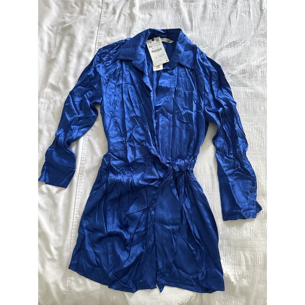 NWT Zara Wrap Dress Royal Blue Satin Women's XS Wedding Guest Cocktail Short